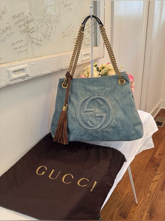 Gucci Handbags - Gucci Light Blue Denim Shoulder Bag with Brown Tassel and Gold Chains